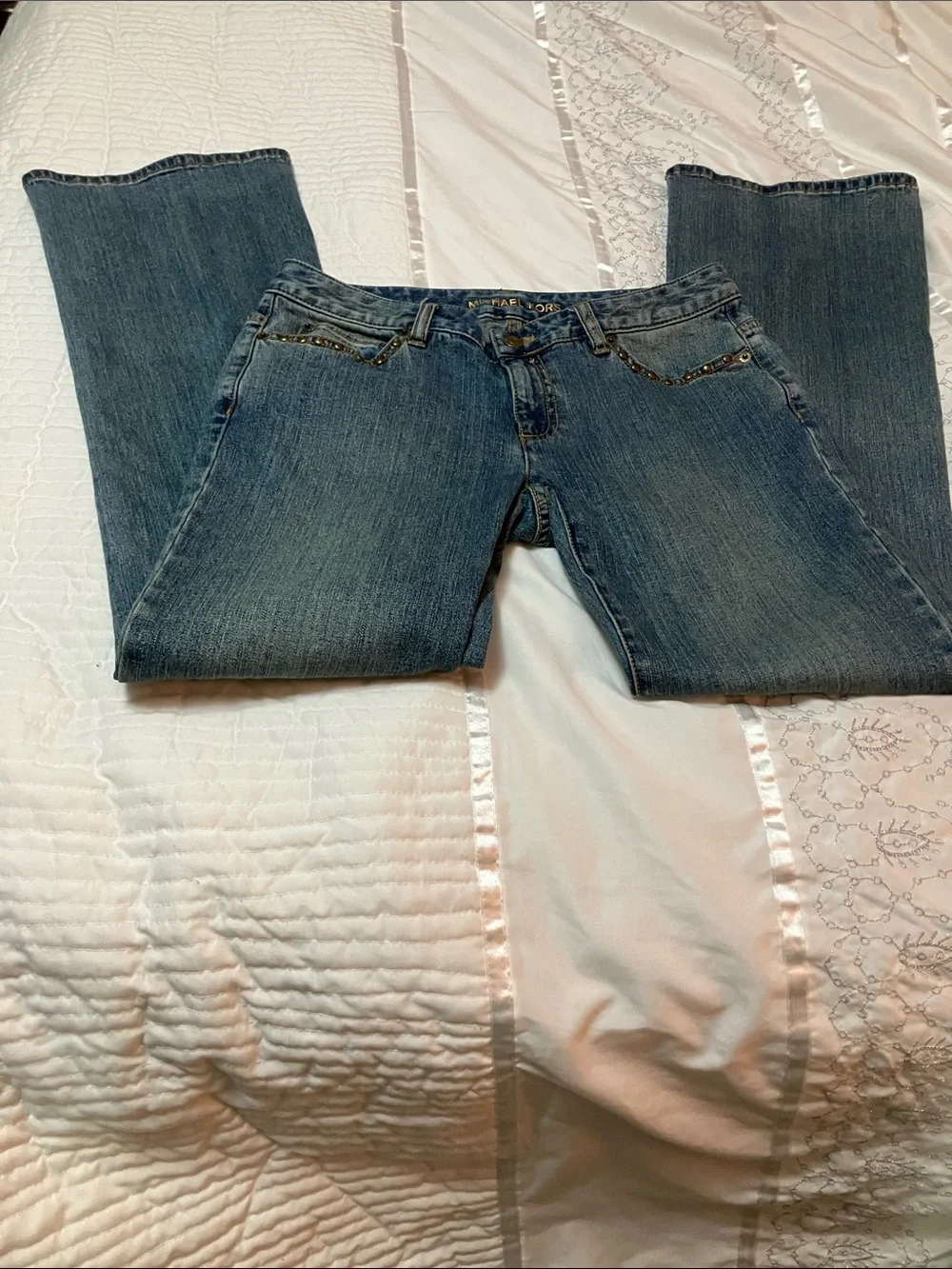 Michael Kors Blue Straight Leg Jeans with Studded Pocket Trim